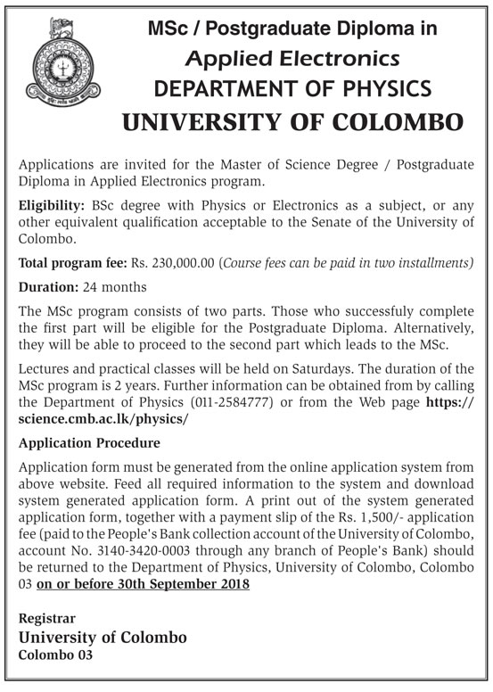 MSc/ Postgraduate Diploma in Applied Electronics - Department of Physics - University of Colombo